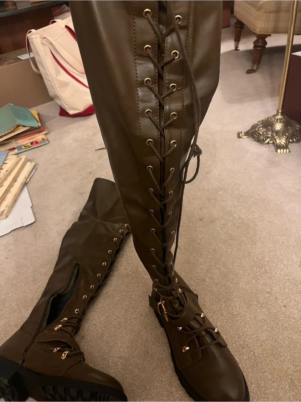 Over-the-Knee Lace-Up Combat Boots in Brown